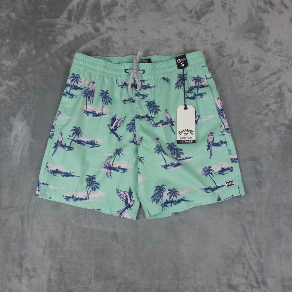 Billabong Board Shorts Mens Small Mint Green Tropical Parrot Layback Swim Trunks